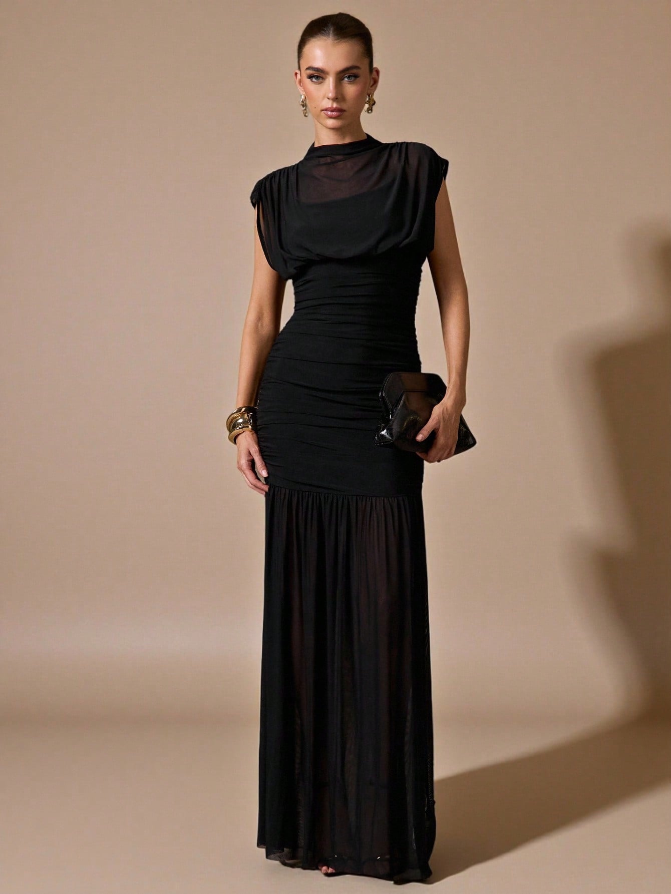 BAE Women's Black Elegant Classy Sheer Ruched Dress Summer Party Dinner Night Wrap Shawl Birthday Mini Dress Suitable For Formal Gatherings DatesTea Party