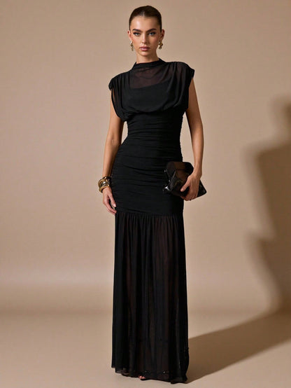 BAE Women's Black Elegant Classy Sheer Ruched Dress Summer Party Dinner Night Wrap Shawl Birthday Mini Dress Suitable For Formal Gatherings DatesTea Party