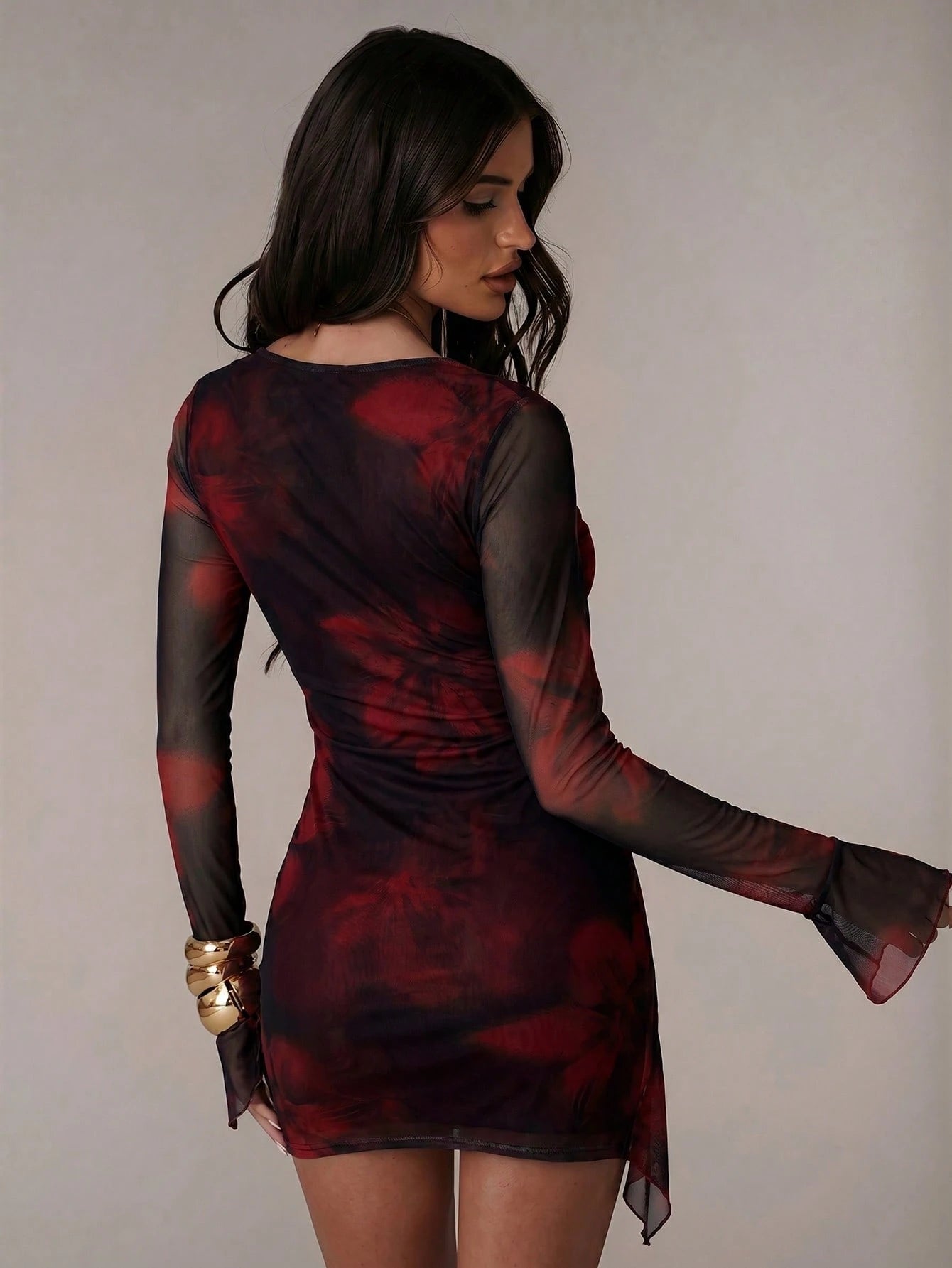 BAE Women's Black Red Floral Mesh Pattern Print Plunging Neck Long Sleeve Mini Dress,Autumn Techno Club Night Rave Music Festival Casual Vacation