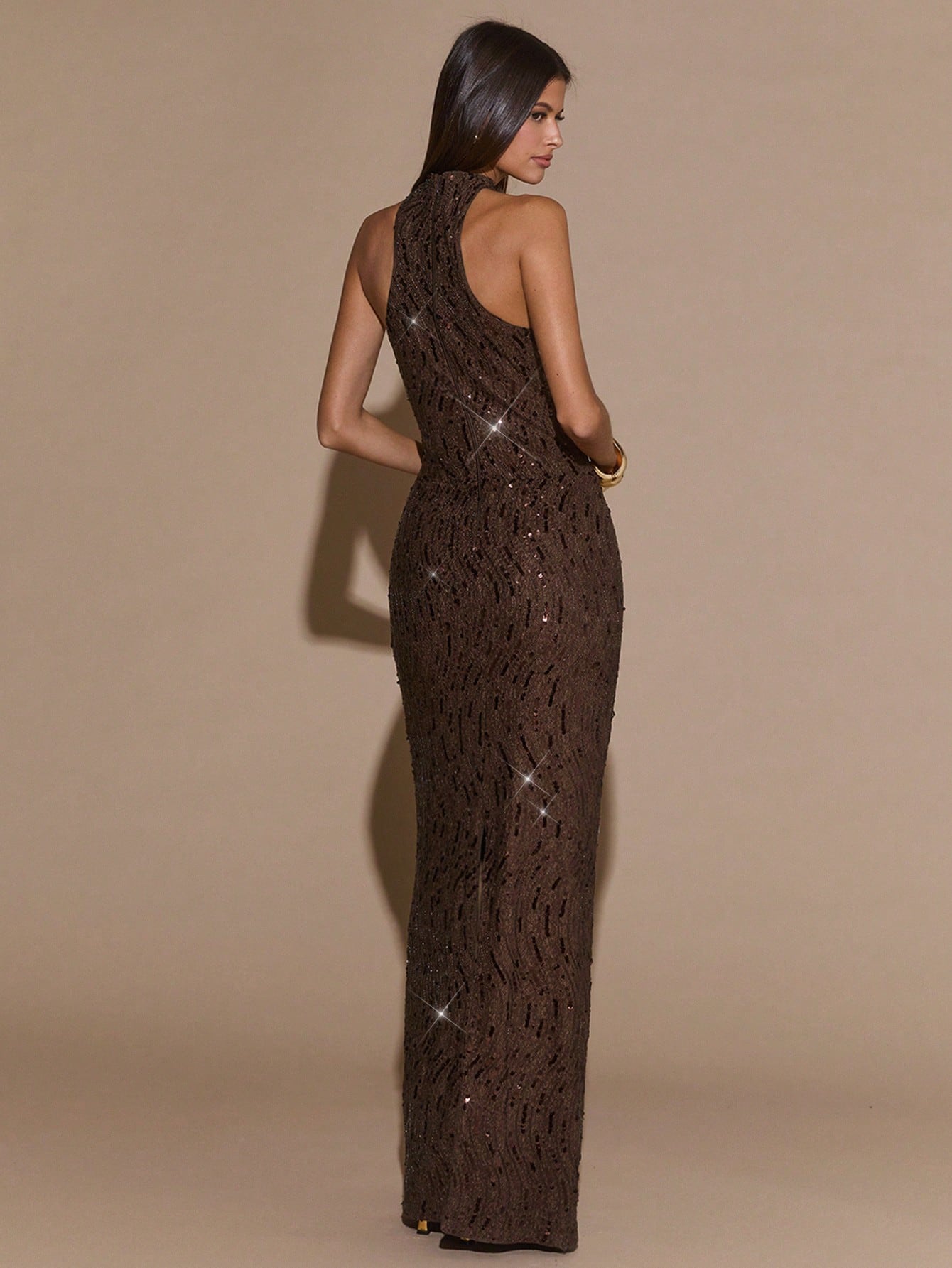 BAE Women's Dark Brown Halter Metal Buckle Embellished Straight Sequin Elegant Dress,Suitable For Dinner,Autumn Party,Formal Gathering&Valentine Outfits