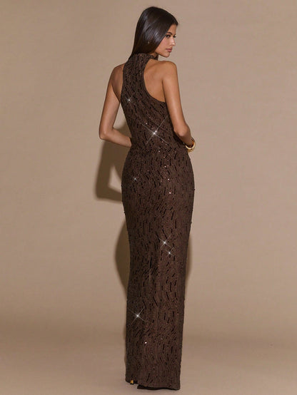 BAE Women's Dark Brown Halter Metal Buckle Embellished Straight Sequin Elegant Dress,Suitable For Dinner,Autumn Party,Formal Gathering&Valentine Outfits