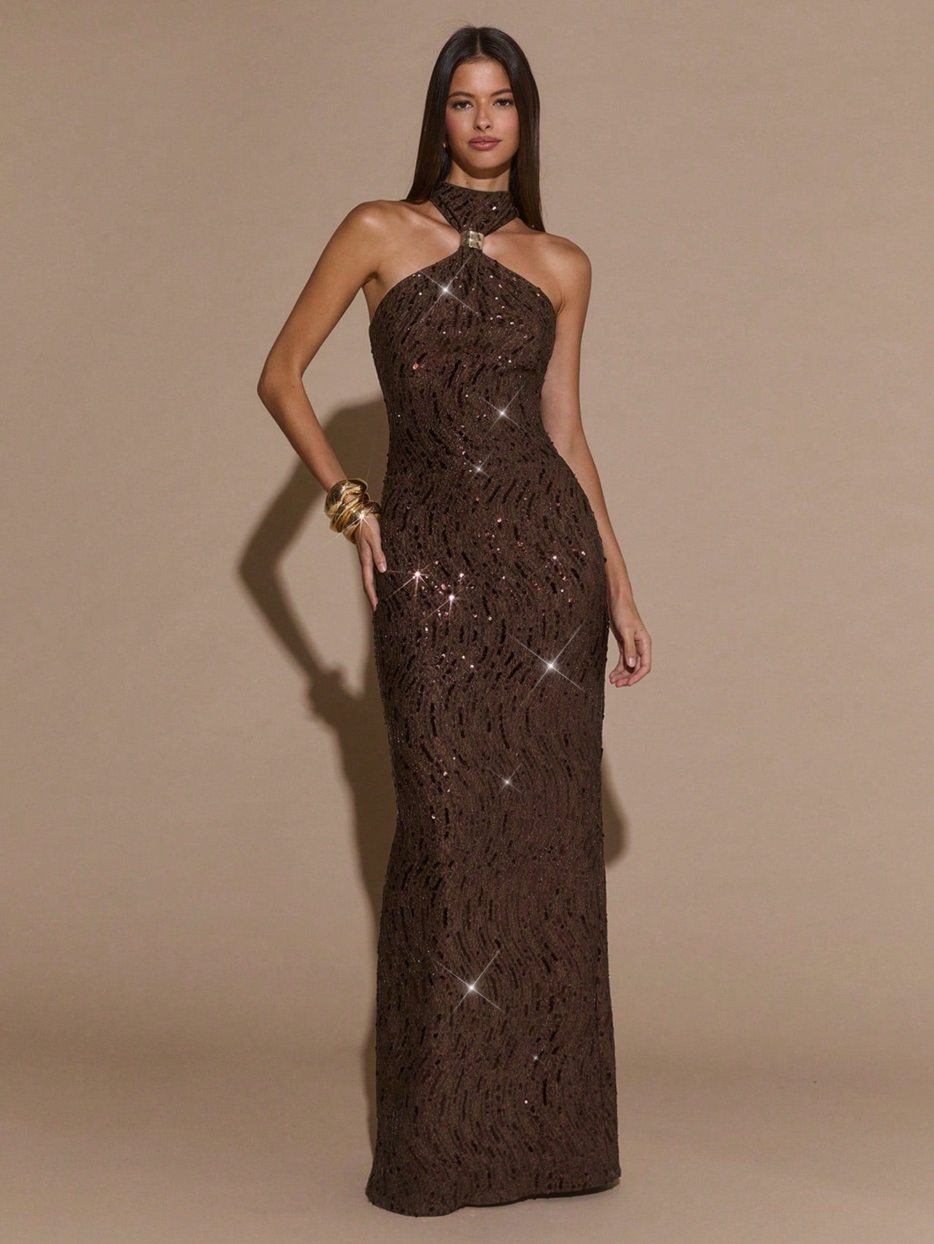 BAE Women's Dark Brown Halter Metal Buckle Embellished Straight Sequin Elegant Dress,Suitable For Dinner,Autumn Party,Formal Gathering&Valentine Outfits