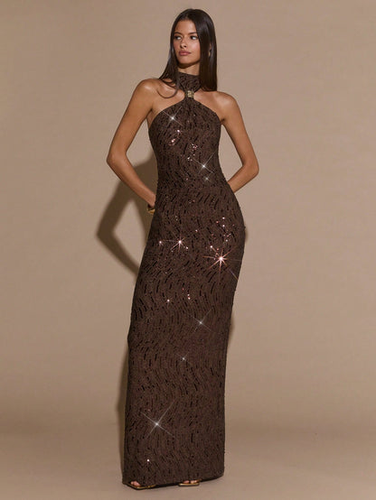 BAE Women's Dark Brown Halter Metal Buckle Embellished Straight Sequin Elegant Dress,Suitable For Dinner,Autumn Party,Formal Gathering&Valentine Outfits