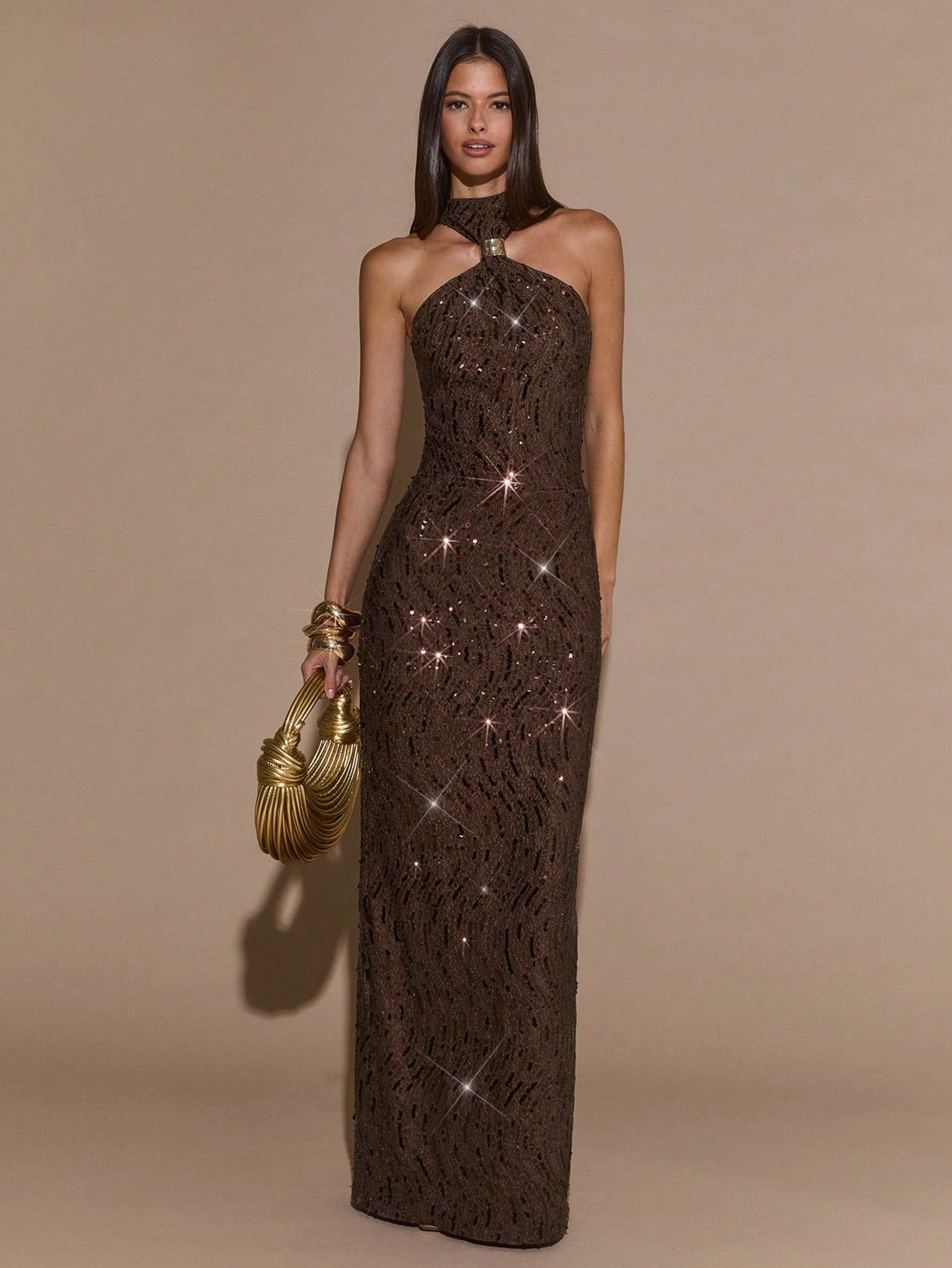 BAE Women's Dark Brown Halter Metal Buckle Embellished Straight Sequin Elegant Dress,Suitable For Dinner,Autumn Party,Formal Gathering&Valentine Outfits