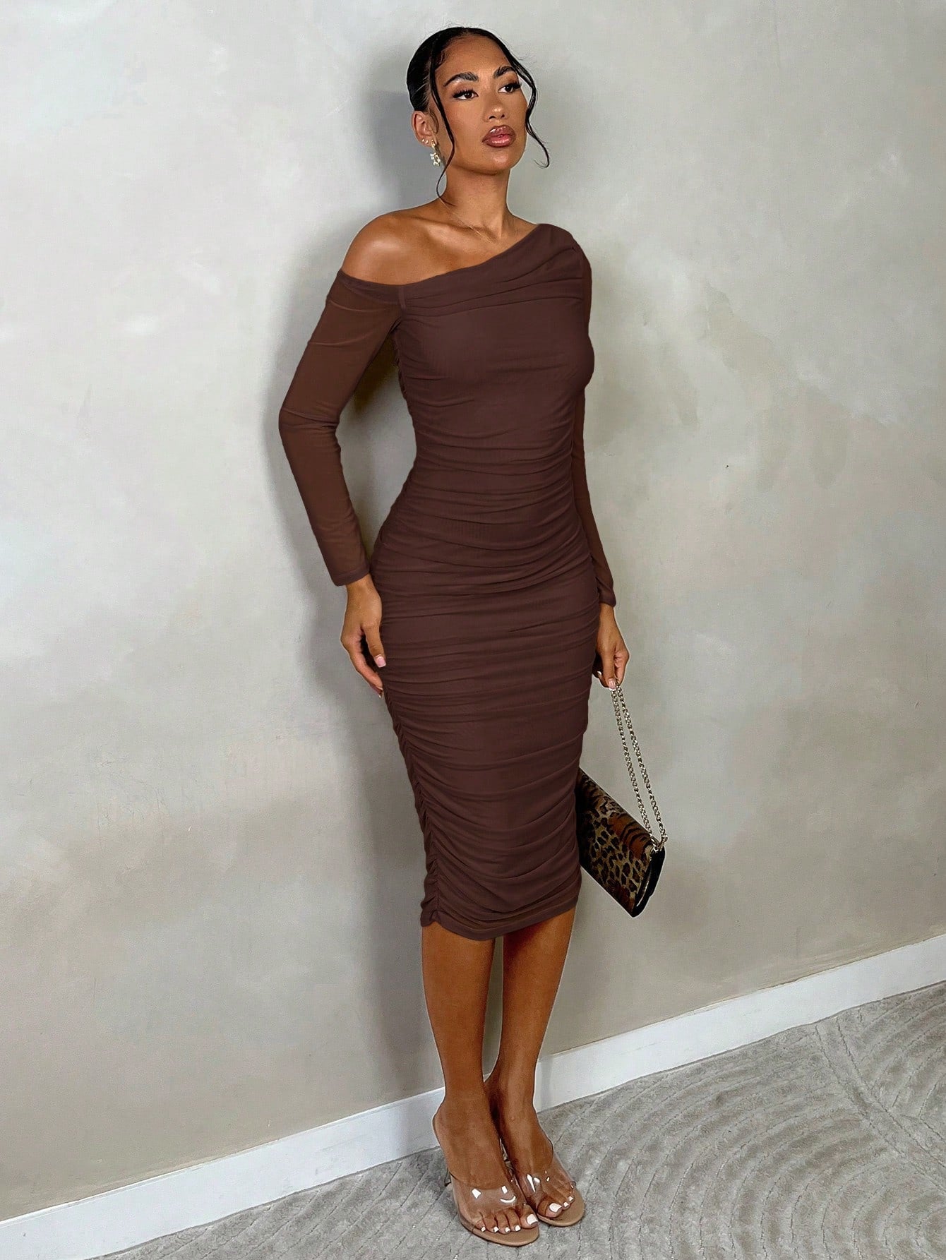 BAE Women's Elegant Bodycon Midi Dress With Ruched Mesh Design, Long Sleeve, Autumn, Suitable For Dating And Formal Occasions,Summer Dresses For Women