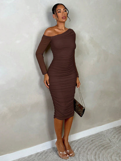BAE Women's Elegant Bodycon Midi Dress With Ruched Mesh Design, Long Sleeve, Autumn, Suitable For Dating And Formal Occasions,Summer Dresses For Women