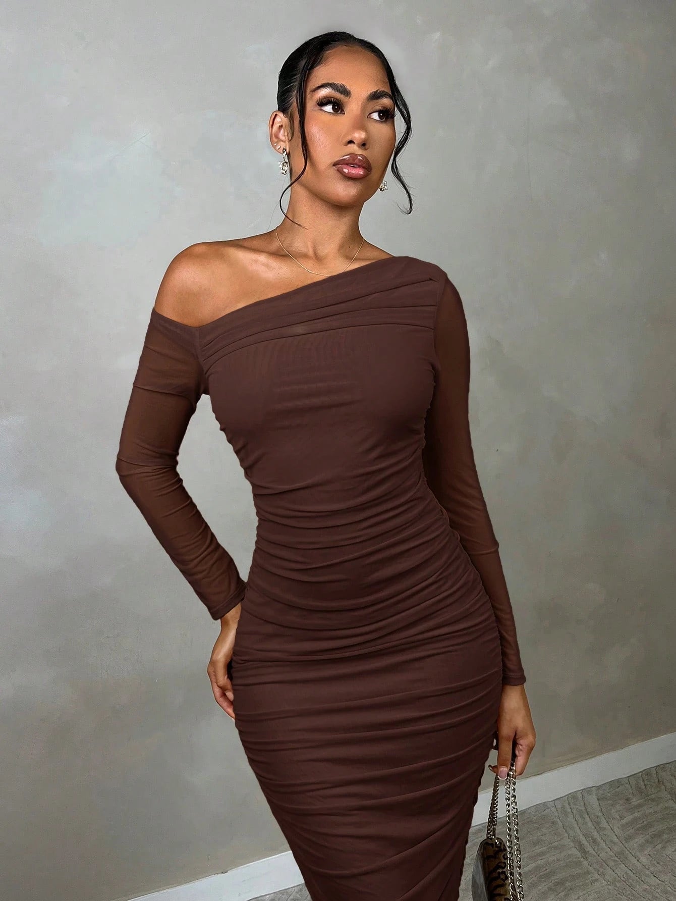 BAE Women's Elegant Bodycon Midi Dress With Ruched Mesh Design, Long Sleeve, Autumn, Suitable For Dating And Formal Occasions,Summer Dresses For Women