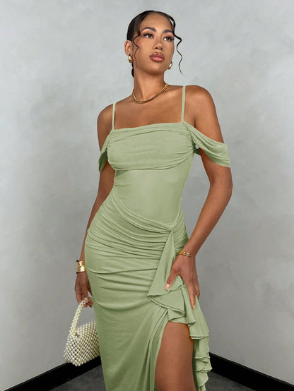 BAE Women's Elegant Sage Green Summer Dress, & Sweet Spaghetti Strap With Detachable Straps,Ruched Hem,High Side Slit,Party Night Tea Party Dress