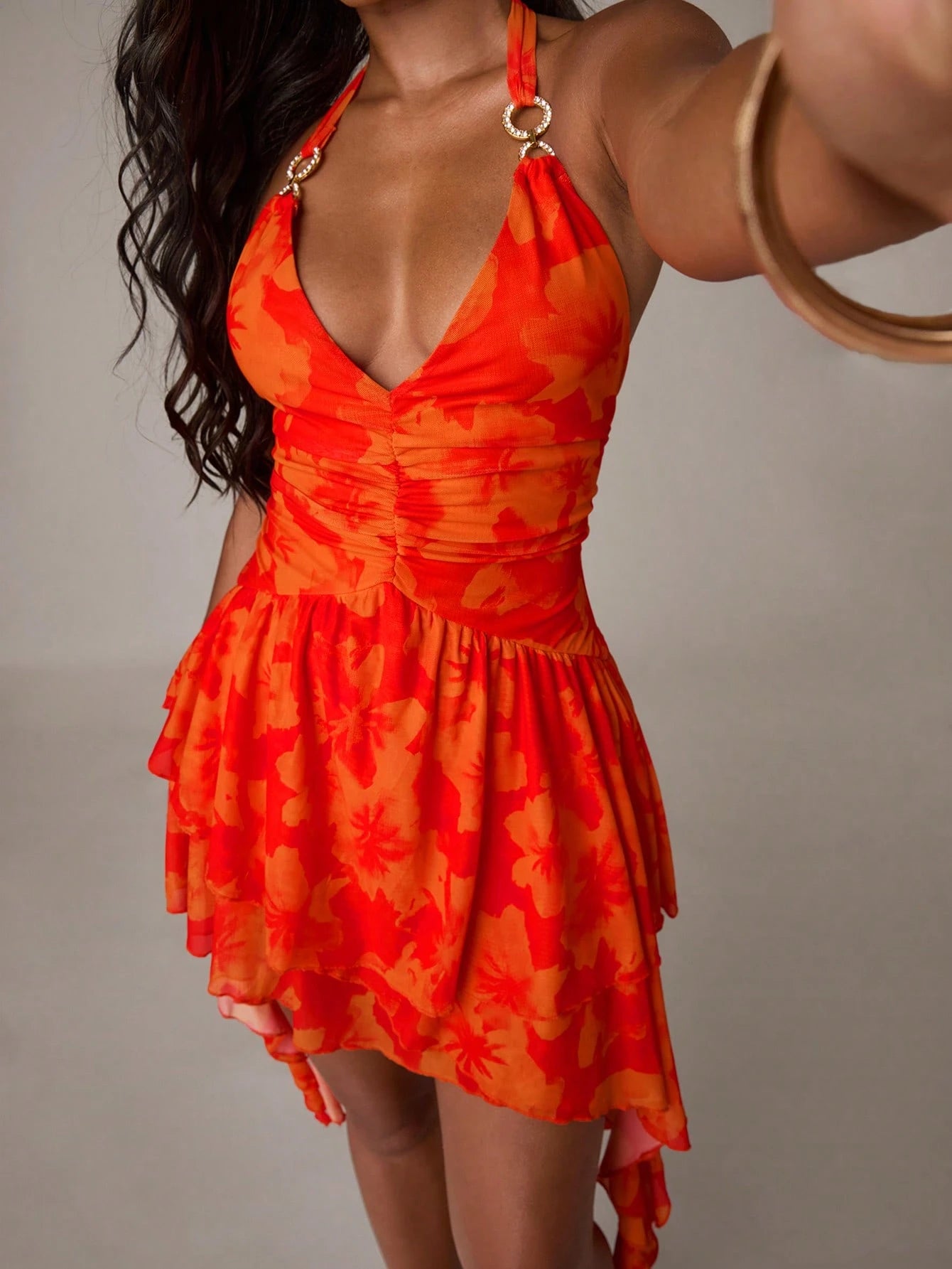 BAE Women's Orange Red Halter Mesh Pattern Print Asymmetrical Dress,Summer Casual Holiday Vacation Holiday,Y2K Music Festival Beach Birthday Dress