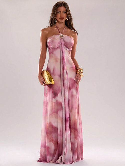 BAE Women's Pink Elegant Formal Tie-Dye Print Halter Dress,Summer Fashionable Ribbon Design Neck Dress For Beach Vacations,Parties,Nightclubs&Brunch