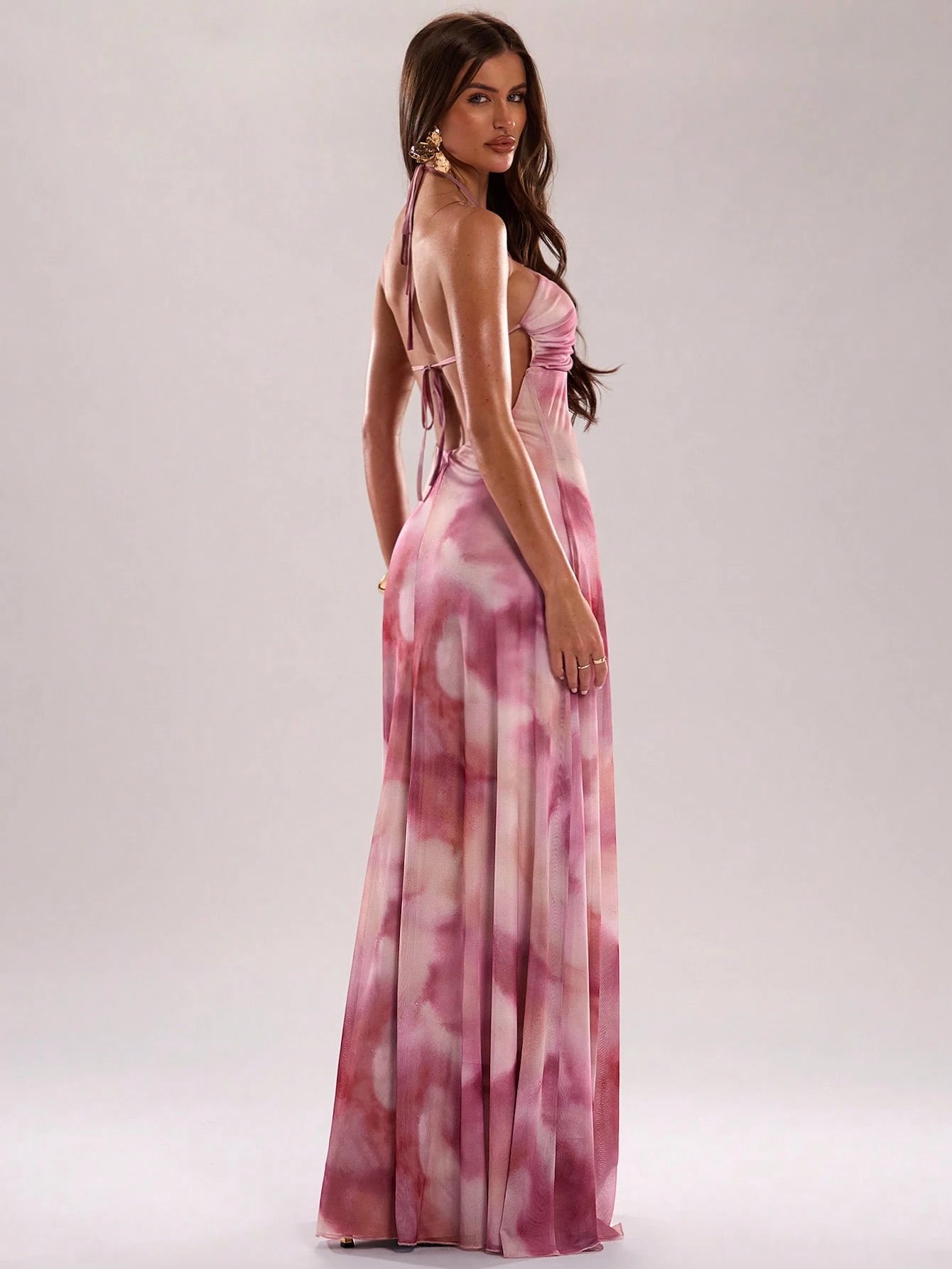 BAE Women's Pink Elegant Formal Tie-Dye Print Halter Dress,Summer Fashionable Ribbon Design Neck Dress For Beach Vacations,Parties,Nightclubs&Brunch
