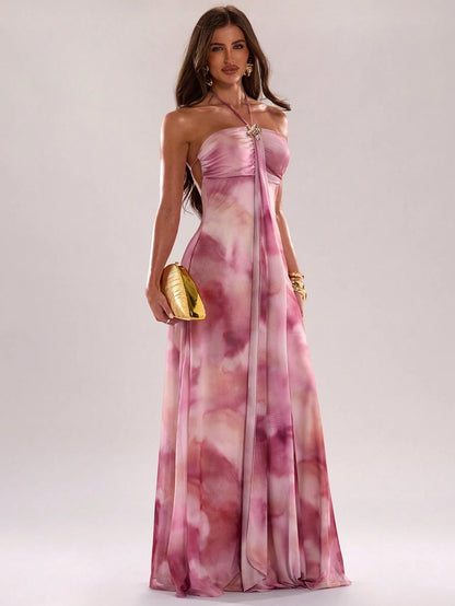 BAE Women's Pink Elegant Formal Tie-Dye Print Halter Dress,Summer Fashionable Ribbon Design Neck Dress For Beach Vacations,Parties,Nightclubs&Brunch