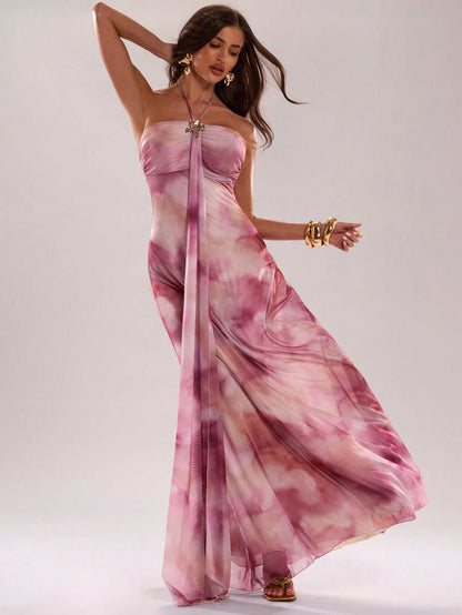 BAE Women's Pink Elegant Formal Tie-Dye Print Halter Dress,Summer Fashionable Ribbon Design Neck Dress For Beach Vacations,Parties,Nightclubs&Brunch