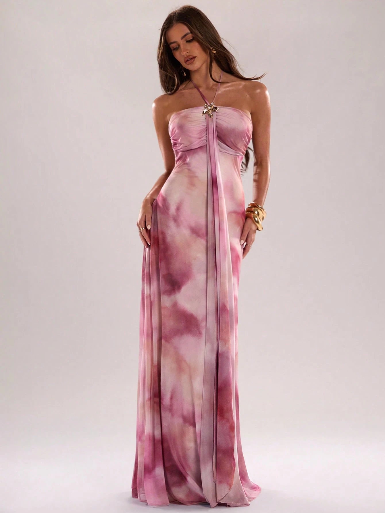 BAE Women's Pink Elegant Formal Tie-Dye Print Halter Dress,Summer Fashionable Ribbon Design Neck Dress For Beach Vacations,Parties,Nightclubs&Brunch