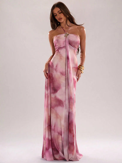 BAE Women's Pink Elegant Formal Tie-Dye Print Halter Dress,Summer Fashionable Ribbon Design Neck Dress For Beach Vacations,Parties,Nightclubs&Brunch