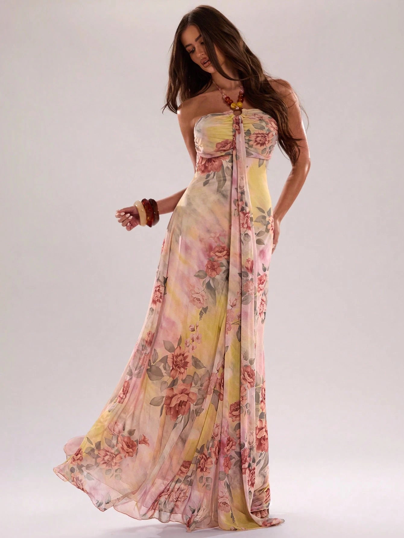 BAE Women's Pink Elegant Formal Tie-Dye Print Halter Dress,Summer Fashionable Ribbon Design Neck Dress For Beach Vacations,Parties,Nightclubs&Brunch