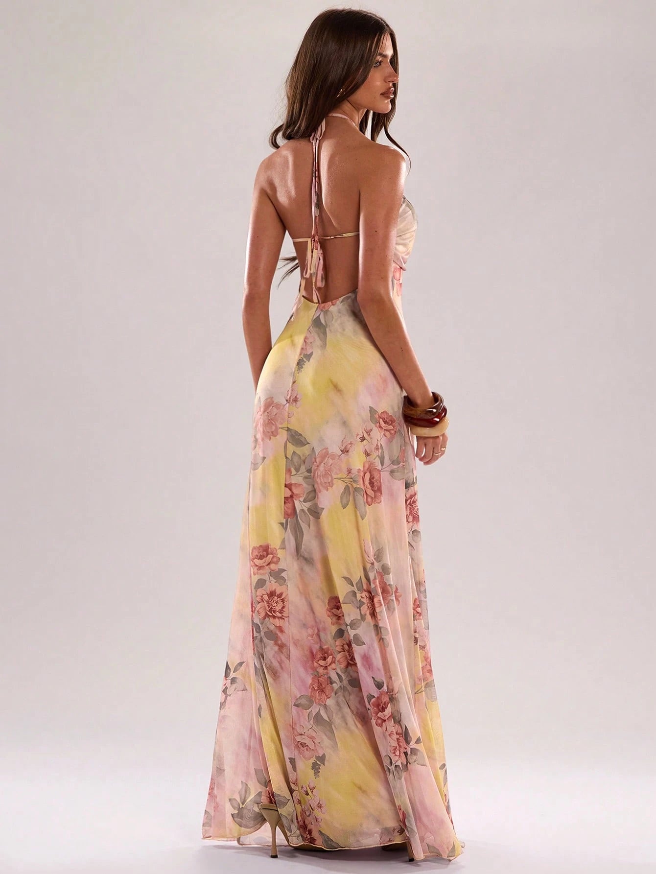 BAE Women's Pink Elegant Formal Tie-Dye Print Halter Dress,Summer Fashionable Ribbon Design Neck Dress For Beach Vacations,Parties,Nightclubs&Brunch