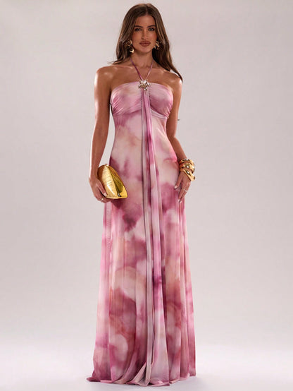 BAE Women's Pink Elegant Formal Tie-Dye Print Halter Dress,Summer Fashionable Ribbon Design Neck Dress For Beach Vacations,Parties,Nightclubs&Brunch