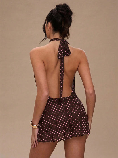 BAE Women's Polka Dot Print Twist Halter Backless Sexy Sleeveless Dress Polka Dot Dress Women Mini Dresses Dresses For Women Summer