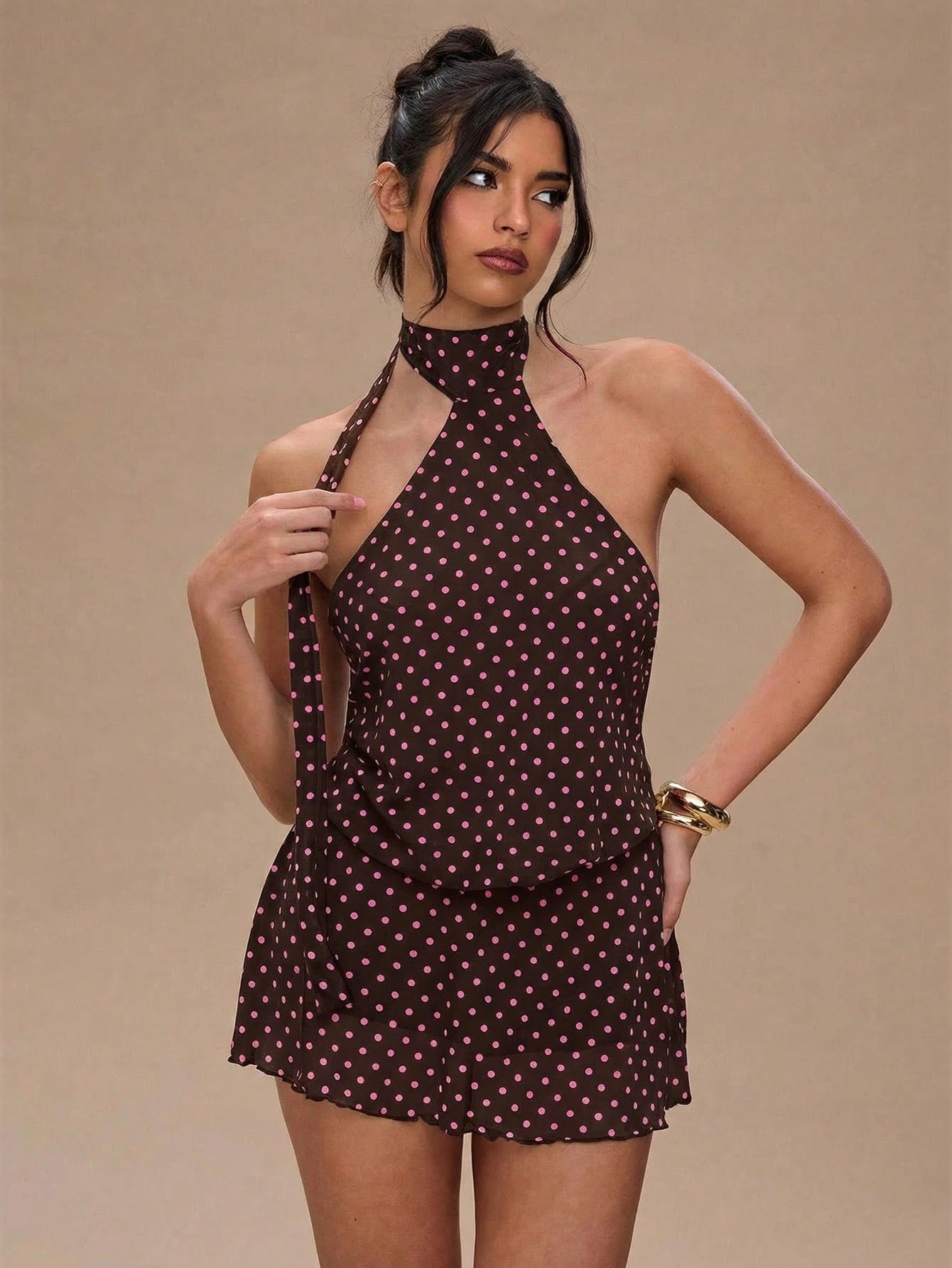 BAE Women's Polka Dot Print Twist Halter Backless Sexy Sleeveless Dress Polka Dot Dress Women Mini Dresses Dresses For Women Summer