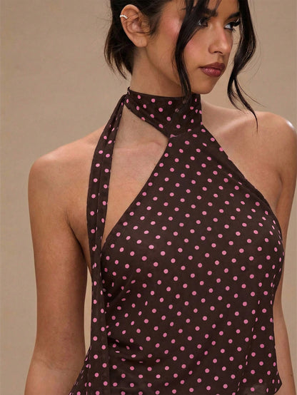 BAE Women's Polka Dot Print Twist Halter Backless Sexy Sleeveless Dress Polka Dot Dress Women Mini Dresses Dresses For Women Summer