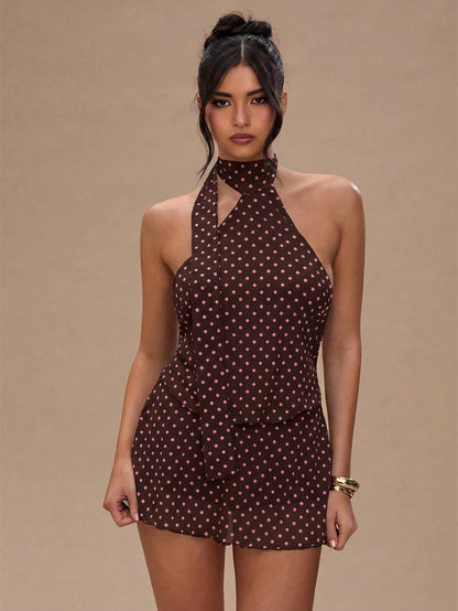 BAE Women's Polka Dot Print Twist Halter Backless Sexy Sleeveless Dress Polka Dot Dress Women Mini Dresses Dresses For Women Summer