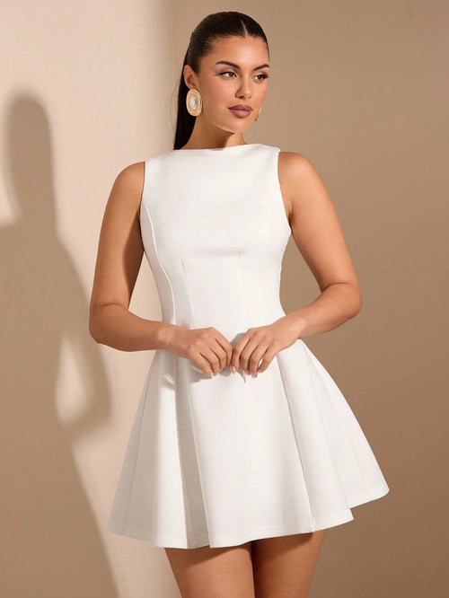 BAE Women's Solid Color Date Night A-Line Sleeveless Waist Fitted Elegant Dress, Autumn,Summer Dresses For Women,Tea Party Dress,White Graduation Dress
