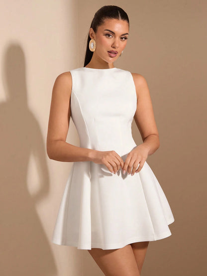 BAE Women's Solid Color Date Night A-Line Sleeveless Waist Fitted Elegant Dress, Autumn,Summer Dresses For Women,Tea Party Dress,White Graduation Dress