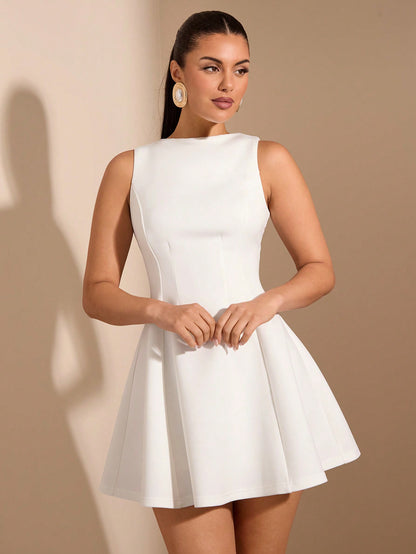 BAE Women's Solid Color Date Night A-Line Sleeveless Waist Fitted Elegant Dress, Autumn,Summer Dresses For Women,Tea Party Dress,White Graduation Dress