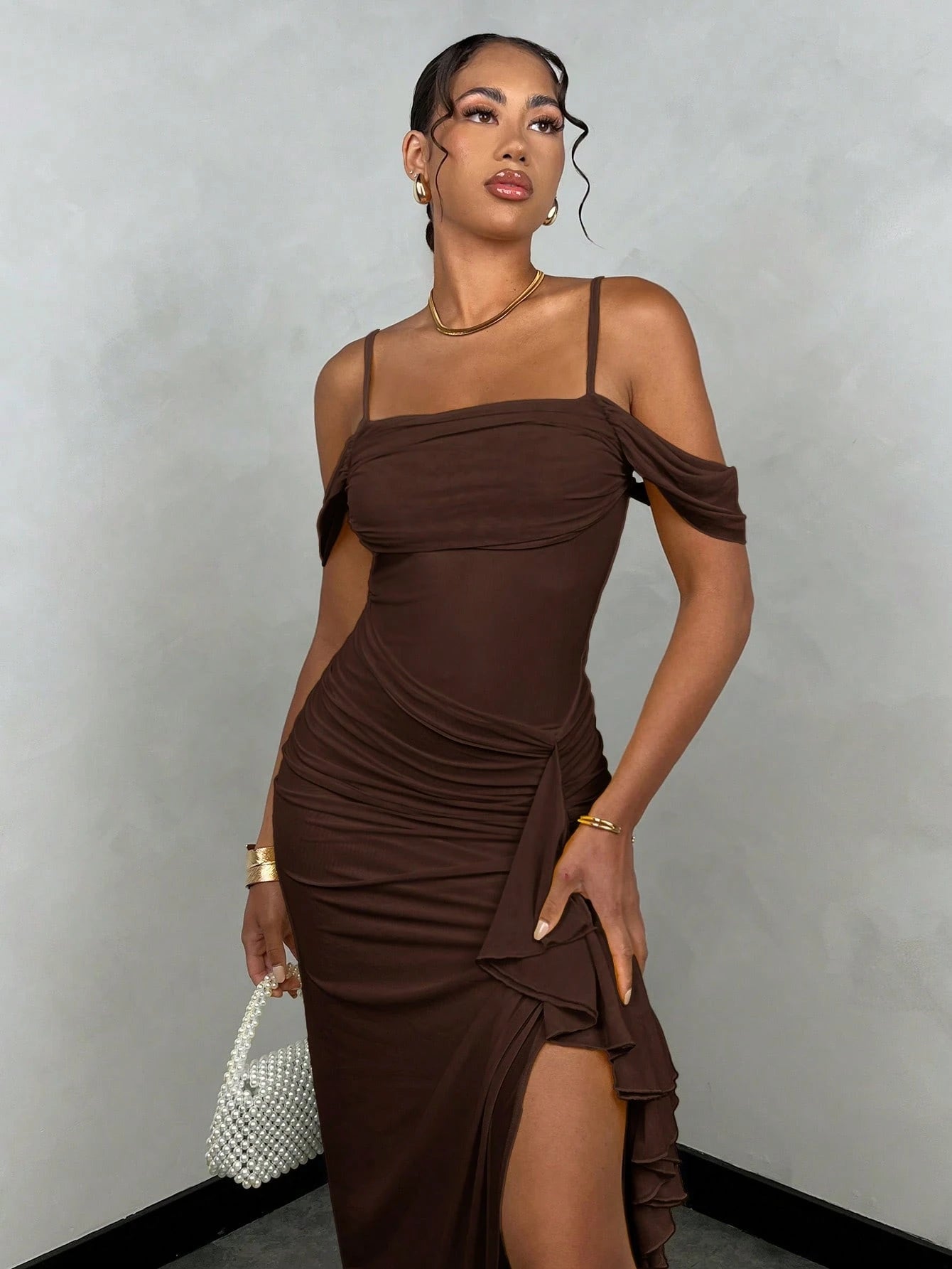 BAE Women's Summer Dark Brown Seductive Party Night Slip Dress, & Sweet Solid Color Flowy Tie Sleeve Ruffle Hem High Slit Valentine's Day Outfits