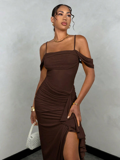 BAE Women's Summer Dark Brown Seductive Party Night Slip Dress, & Sweet Solid Color Flowy Tie Sleeve Ruffle Hem High Slit Valentine's Day Outfits