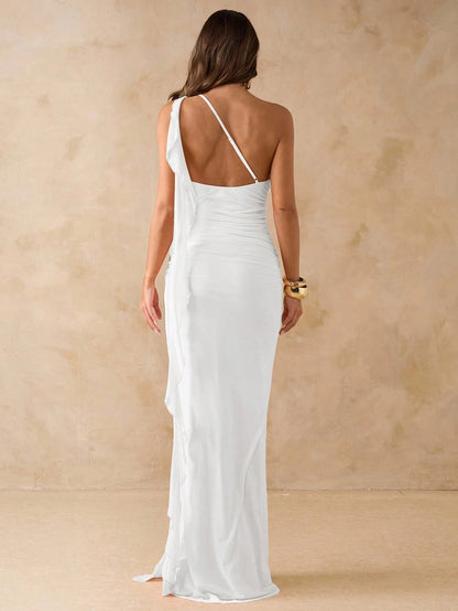 BAE Women's White Summer Elegant Seductive Formal Asymmetrical Shoulder Ruched Open Back Maxi Mesh Dress With Frill Hem,Beach Vacation Valentine Outfits