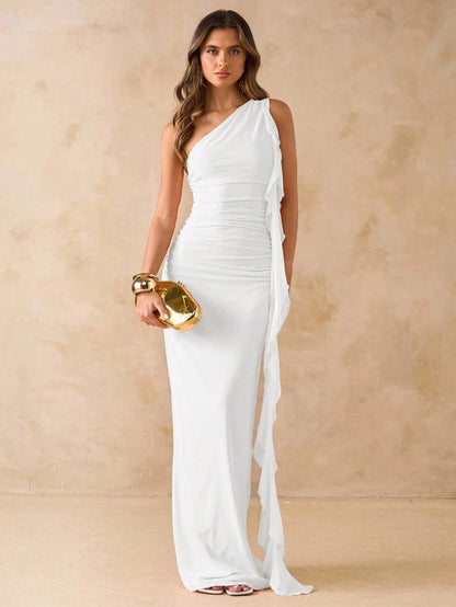 BAE Women's White Summer Elegant Seductive Formal Asymmetrical Shoulder Ruched Open Back Maxi Mesh Dress With Frill Hem,Beach Vacation Valentine Outfits