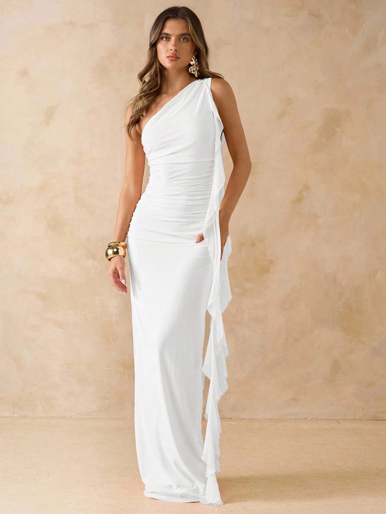 BAE Women's White Summer Elegant Seductive Formal Asymmetrical Shoulder Ruched Open Back Maxi Mesh Dress With Frill Hem,Beach Vacation Valentine Outfits