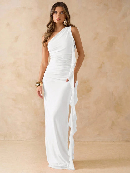 BAE Women's White Summer Elegant Seductive Formal Asymmetrical Shoulder Ruched Open Back Maxi Mesh Dress With Frill Hem,Beach Vacation Valentine Outfits