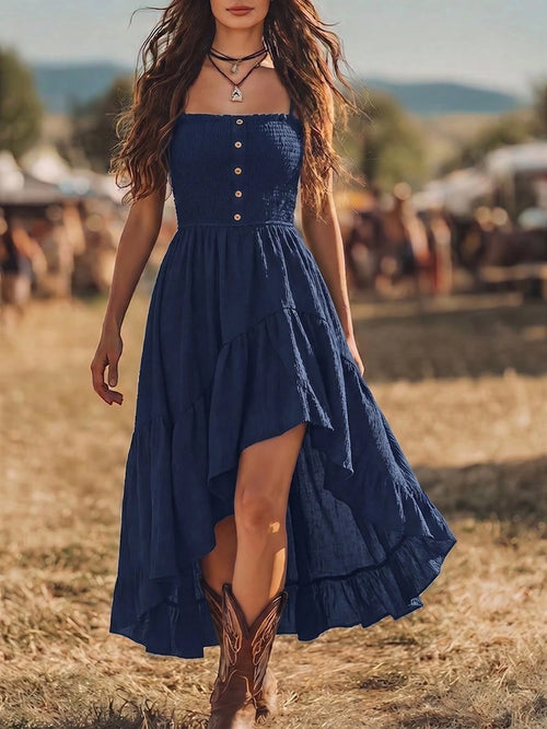Balvessa Bohemian Style Casual Vacation Front Short Back Long Cinched Waist Women's Mid-Length Dress