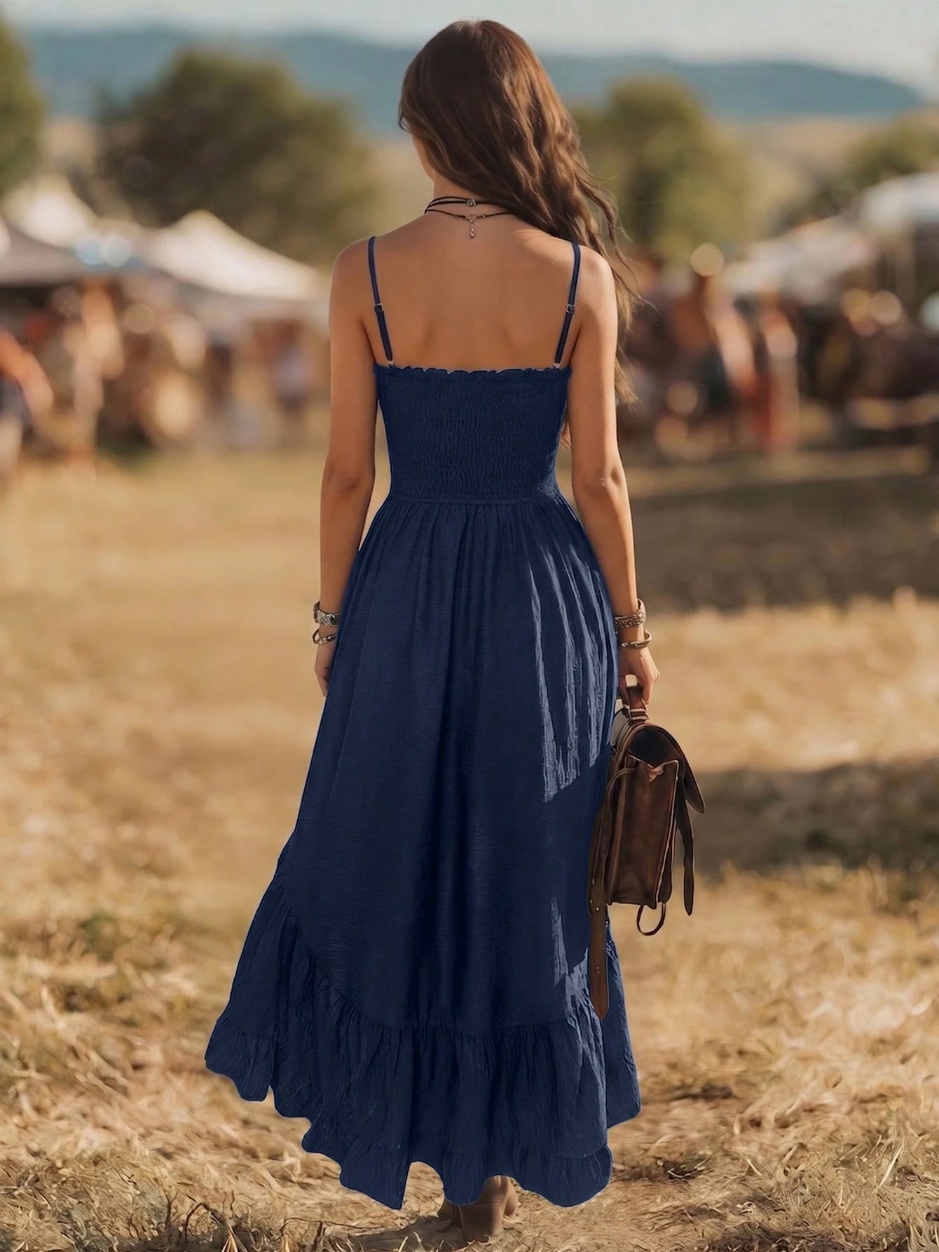 Balvessa Bohemian Style Casual Vacation Front Short Back Long Cinched Waist Women's Mid-Length Dress