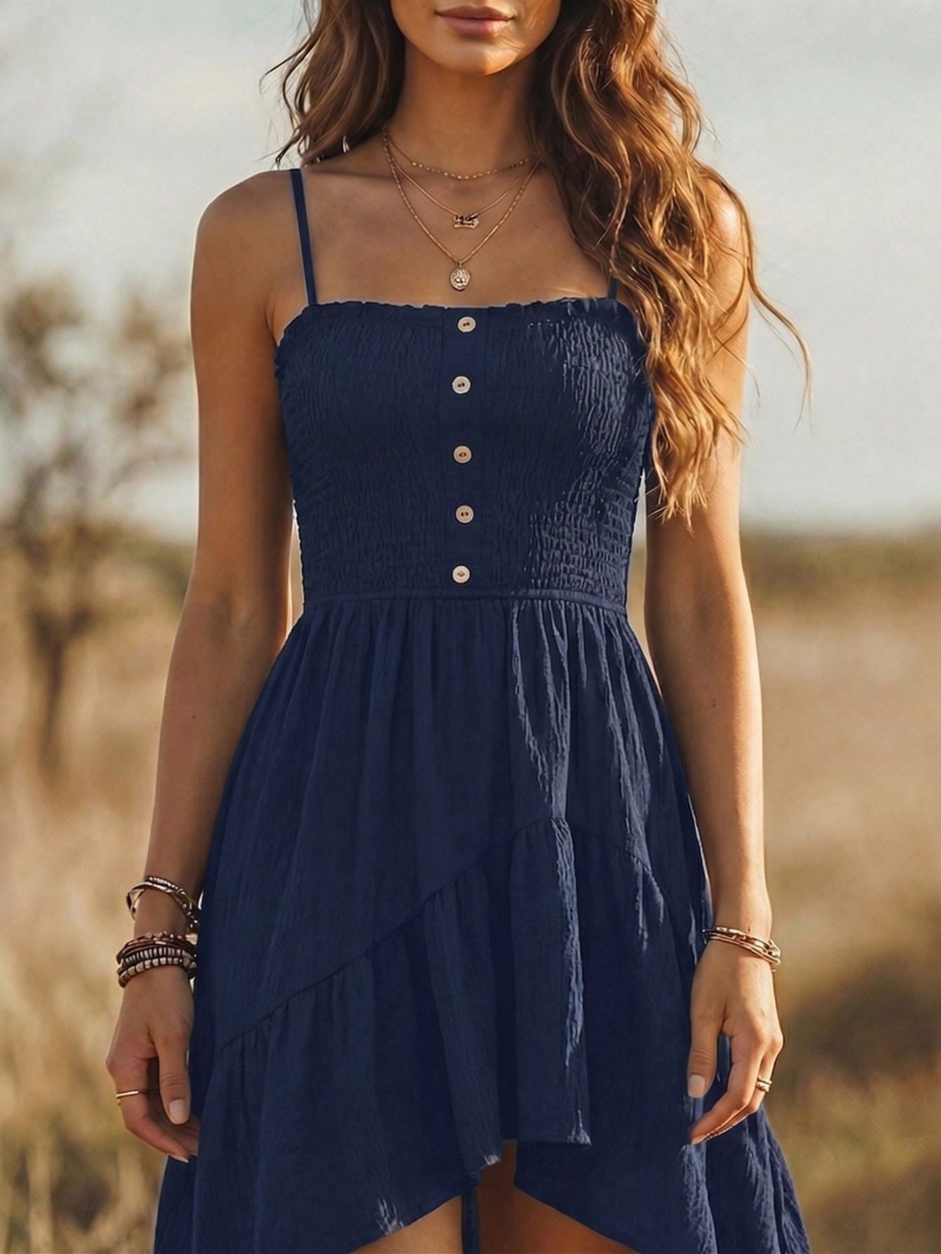 Balvessa Bohemian Style Casual Vacation Front Short Back Long Cinched Waist Women's Mid-Length Dress
