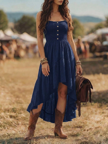 Balvessa Bohemian Style Casual Vacation Front Short Back Long Cinched Waist Women's Mid-Length Dress