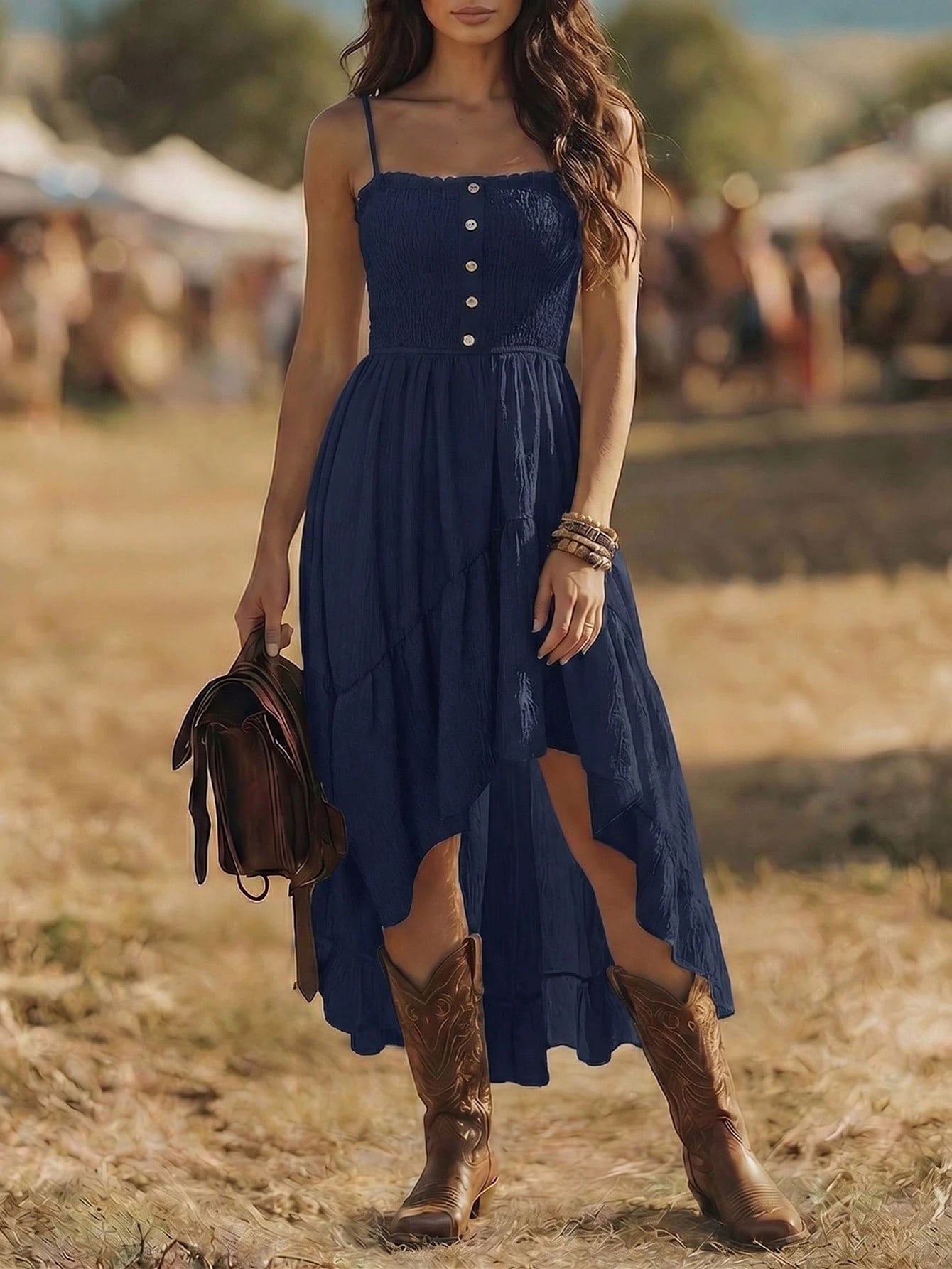 Balvessa Bohemian Style Casual Vacation Front Short Back Long Cinched Waist Women's Mid-Length Dress