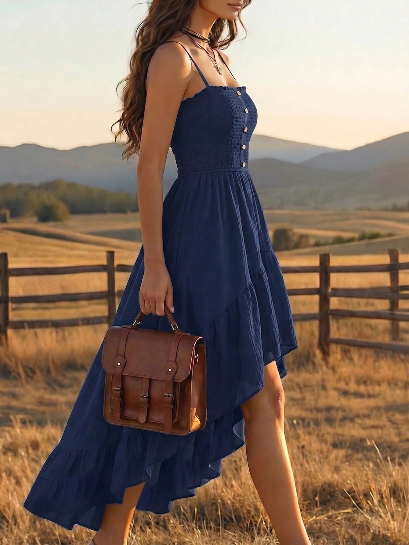 Balvessa Bohemian Style Casual Vacation Front Short Back Long Cinched Waist Women's Mid-Length Dress