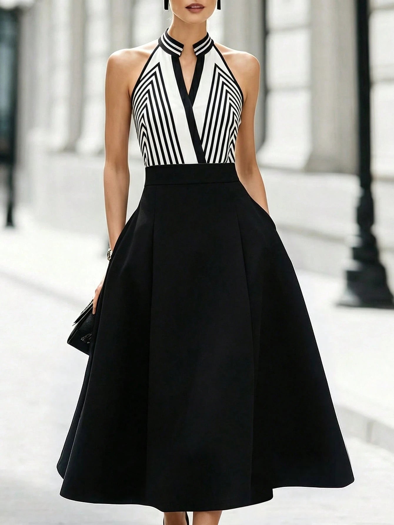 Balvessa Women Elegant Commuter Geometric Striped V-Neck Halter Striped Stand Collar Sleeveless Dress