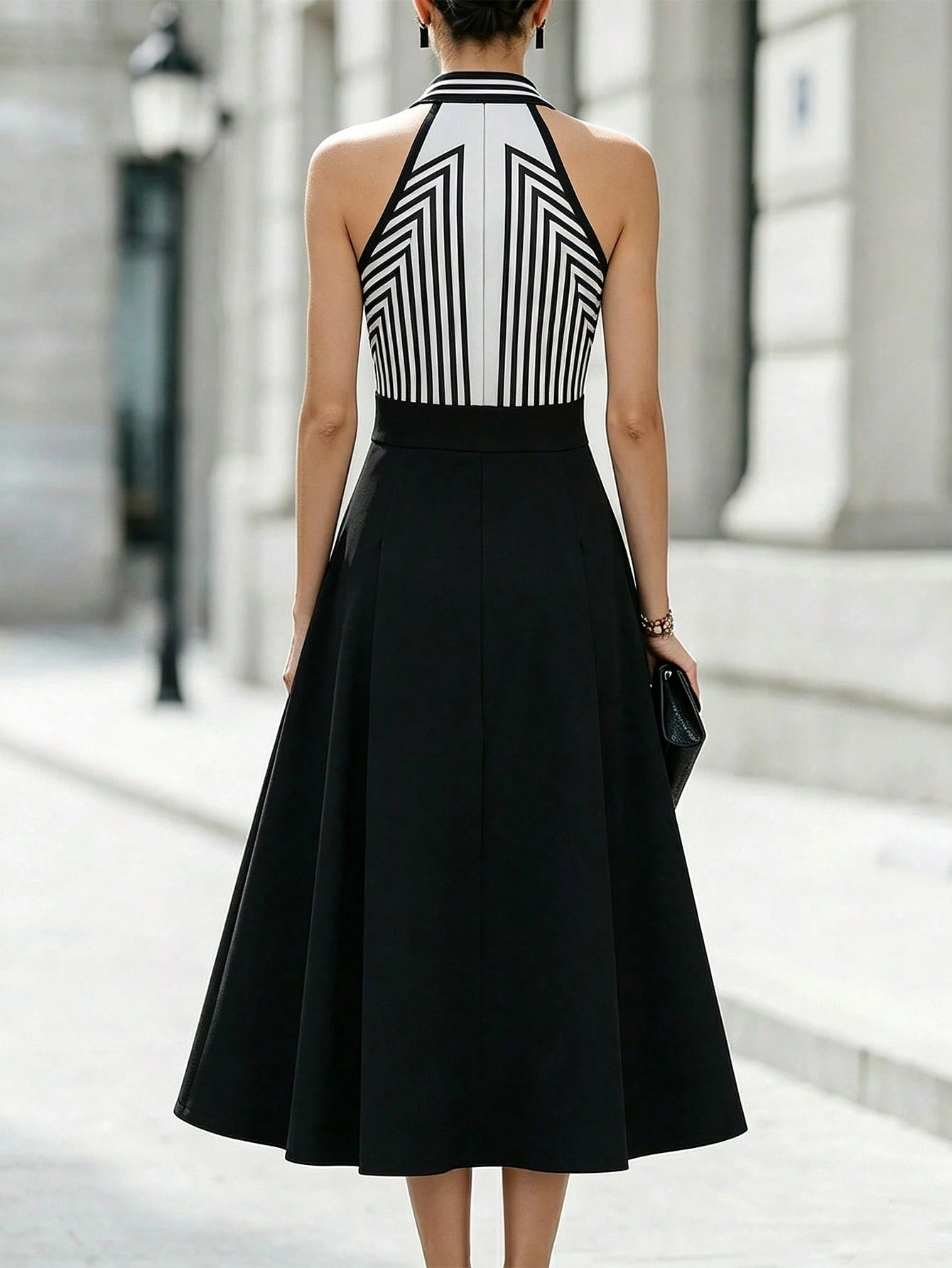 Balvessa Women Elegant Commuter Geometric Striped V-Neck Halter Striped Stand Collar Sleeveless Dress