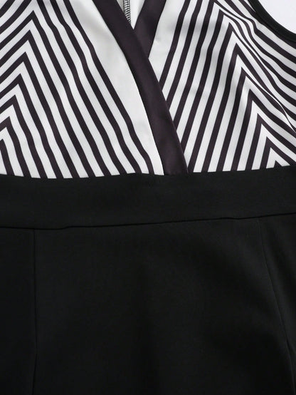 Balvessa Women Elegant Commuter Geometric Striped V-Neck Halter Striped Stand Collar Sleeveless Dress