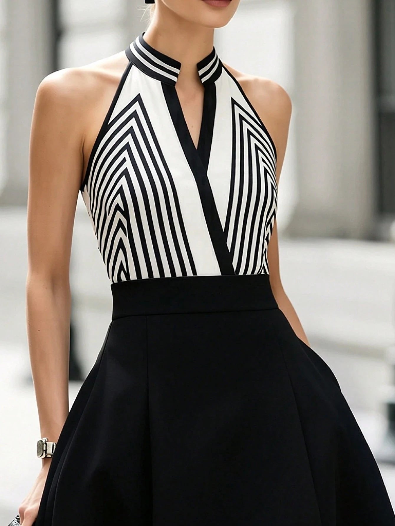 Balvessa Women Elegant Commuter Geometric Striped V-Neck Halter Striped Stand Collar Sleeveless Dress