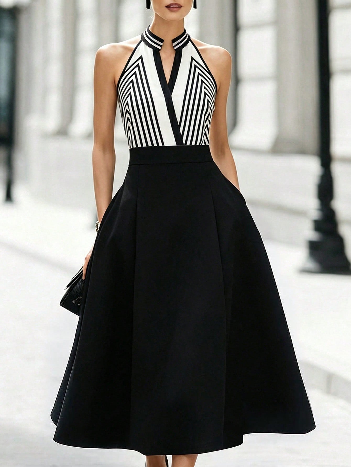Balvessa Women Elegant Commuter Geometric Striped V-Neck Halter Striped Stand Collar Sleeveless Dress
