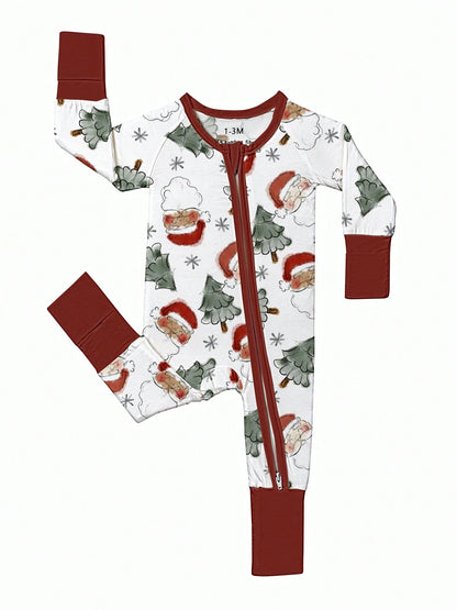 Bamboo Fiber Zip Footed Newborn Romper, Sketch Santa Xmas Tree Snowflake Print Slim Long Sleeve Jumpsuit, All Season Baby Boys Christmas Outdoor Gift