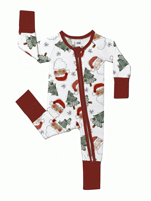 Bamboo Fiber Zip Footed Newborn Romper, Sketch Santa Xmas Tree Snowflake Print Slim Long Sleeve Jumpsuit, All Season Baby Boys Christmas Outdoor Gift
