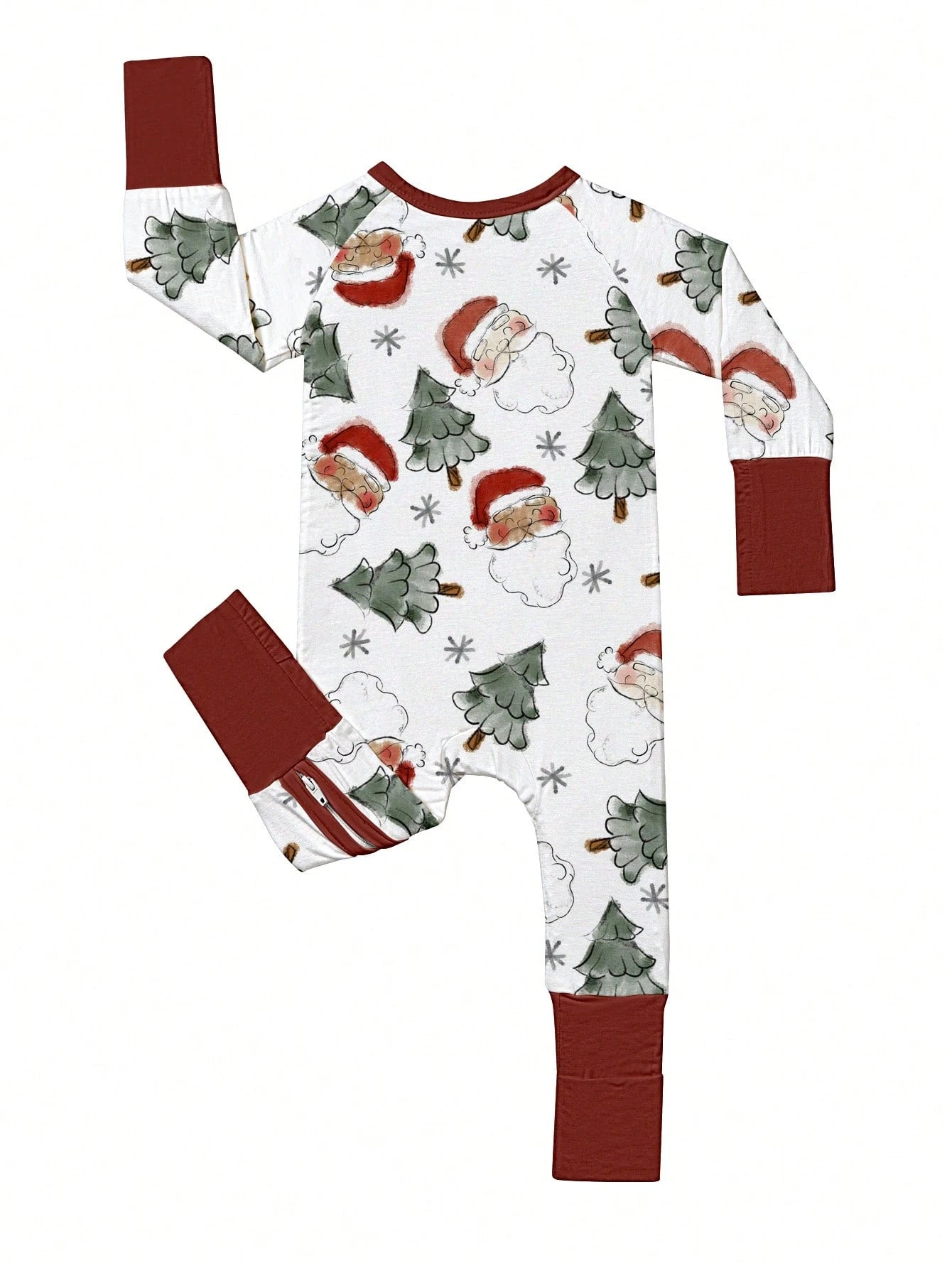 Bamboo Fiber Zip Footed Newborn Romper, Sketch Santa Xmas Tree Snowflake Print Slim Long Sleeve Jumpsuit, All Season Baby Boys Christmas Outdoor Gift