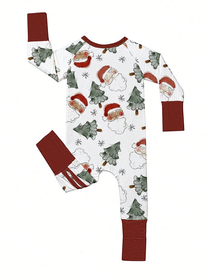 Bamboo Fiber Zip Footed Newborn Romper, Sketch Santa Xmas Tree Snowflake Print Slim Long Sleeve Jumpsuit, All Season Baby Boys Christmas Outdoor Gift